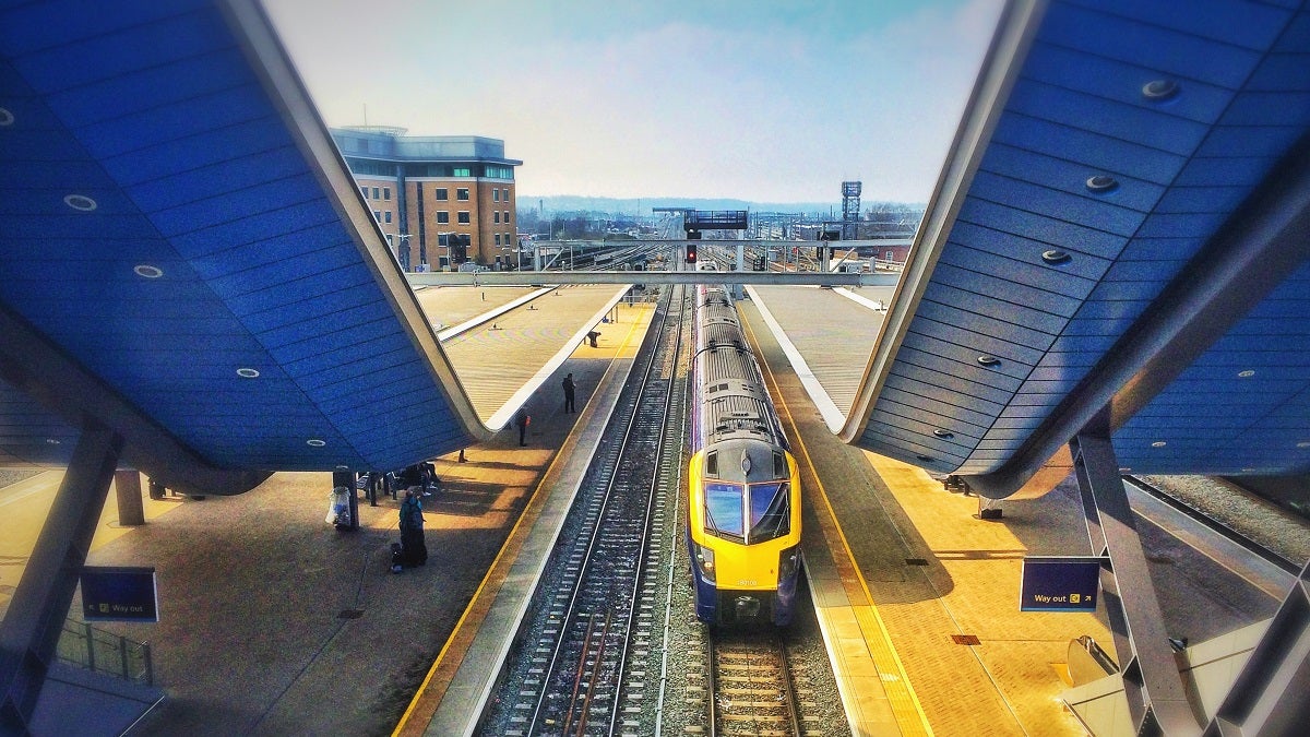 High Angle View Of Train On Railroad Station