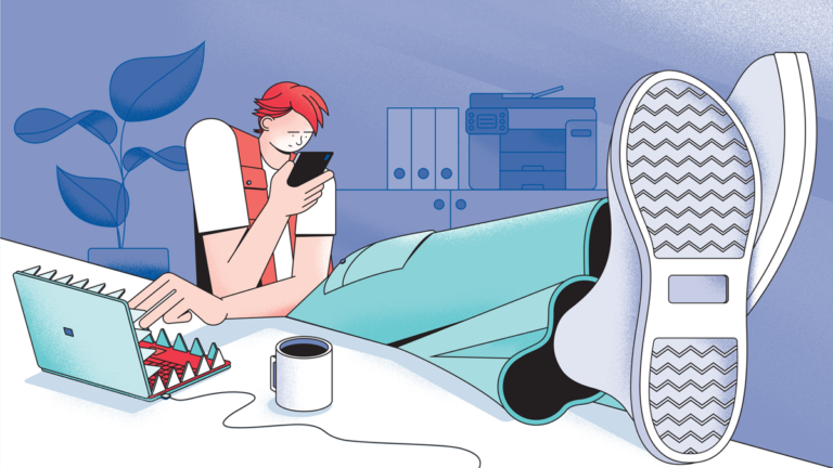 Illustration of an absent-minded young person using a mobile phone and a laptop