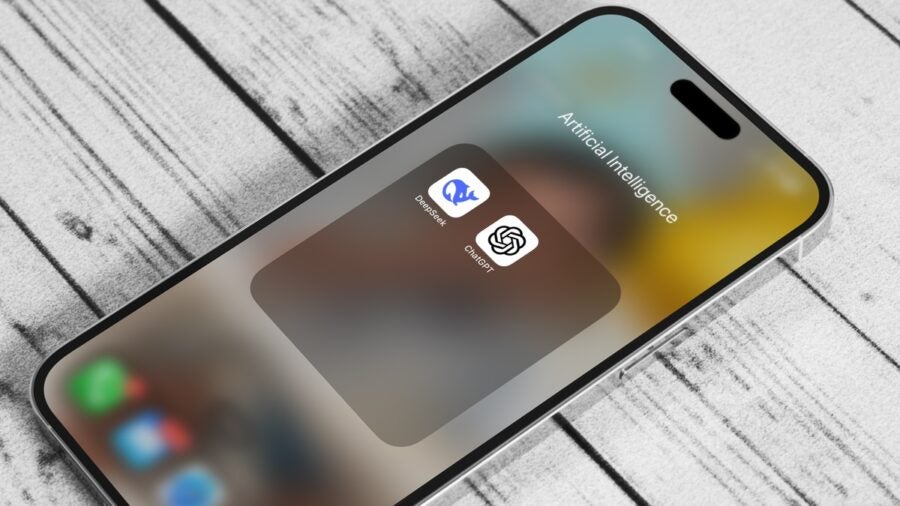 Deepseek And Open Ai Chat Gpt Artificial Intelligence Applications On An Apple Iphone Smartphone. Mobile Phone On A White Wooden Table With Copy Space For Text