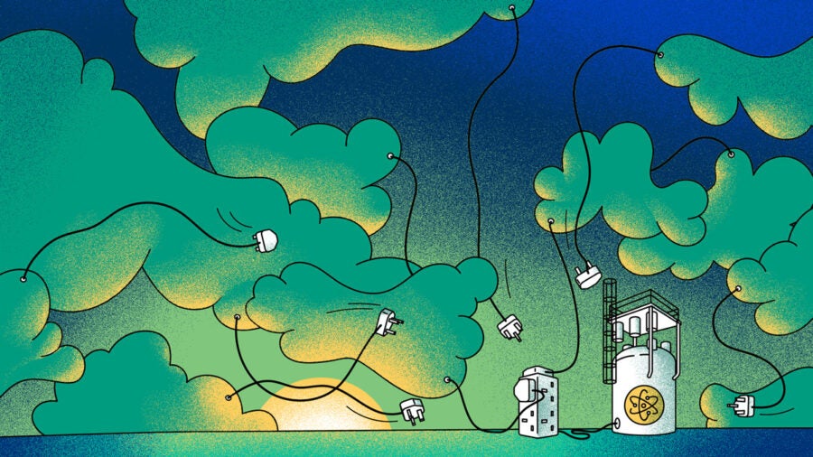 Illustration showing a nuclear reactor attempting to be connected to the power grid