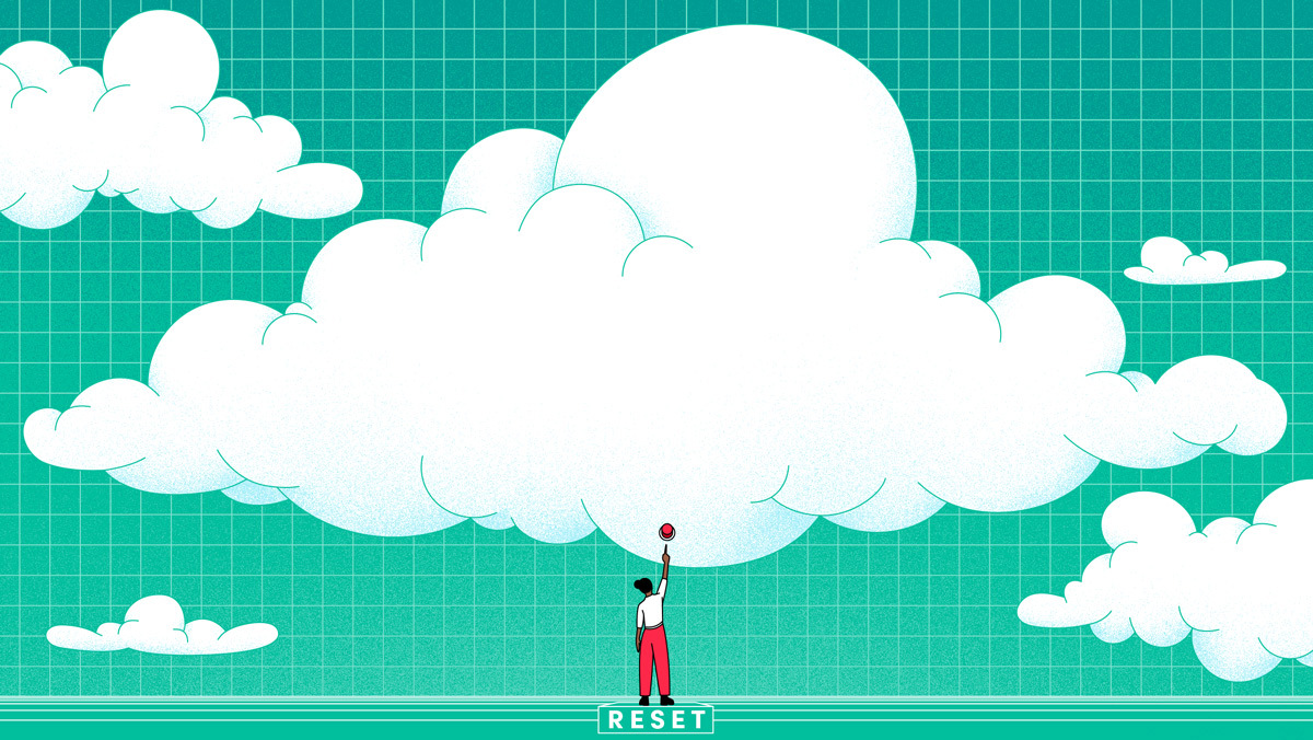 An illustration of a figure reaching to a switch on a cloud.